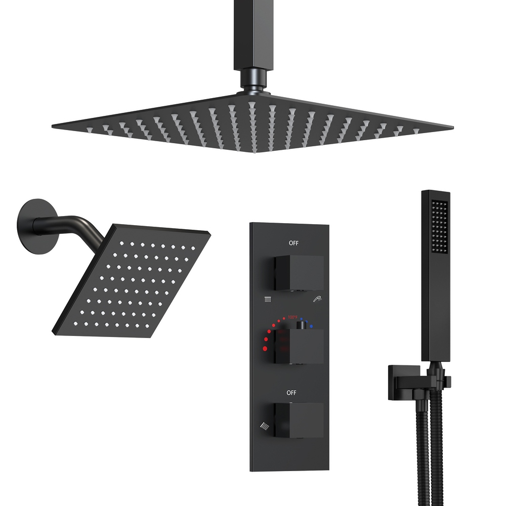 GRANDJOY 12" Dual‑Rain Shower System with Handheld, Ceiling and Wall‑Mount Heads, Thermostatic Valve and High‑Flow Design